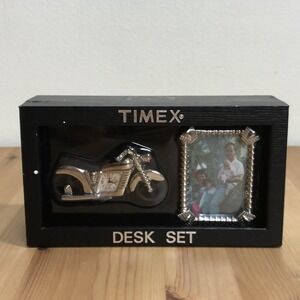 Vintage Timex Motorcycle Themed Desk Set Mini Clock & Picture Frame